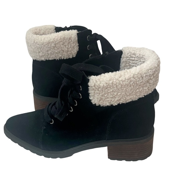 Lucky Brand "Jacenia" Black Suede Lace-Up Combat Boot Ivory Faux Shearling Cuffs - Picture 4 of 8
